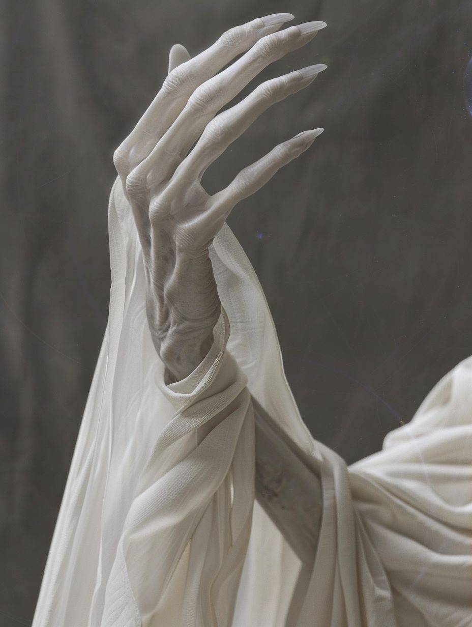 In a scene that is both elegant and otherworldly, the slender, elongated hand of an extraterrestrial being gently holds a thin, sci-fi-inspired sheet. Within this sheet, the entire solar system is meticulously encapsulated, showcasing the advanced technology of this alien civilization. The alien is adorned in a white silk robe that flows with an ethereal grace, hinting at a culture of sophistication and refinement. However, the being itself remains shrouded in mystery, as only the wrist and the exquisite garment are visible in the frame, leaving much to the imagination and adding an air of intrigue to the scene. This portrayal skillfully combines elements of the familiar with the unknown, creating a captivating visual narrative that invites viewers to ponder the wonders of the universe and the possibilities of life beyond our own.