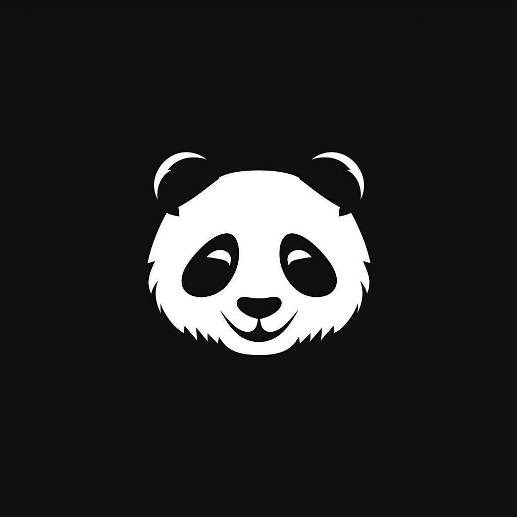 ホワイトのパンダのロゴで、ブラックの背景に、最小限で創造的で清潔なデザイン、2Dフラット