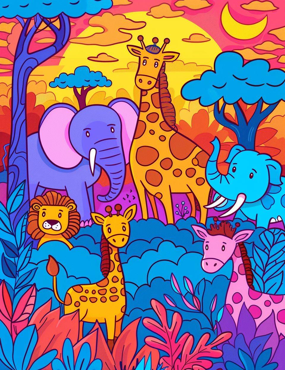Generate a cartoon-style image of an African bush with happy wild animals, elephant, giraffe, lion, zebra, clean line art, no shading, use vibrant colors.
