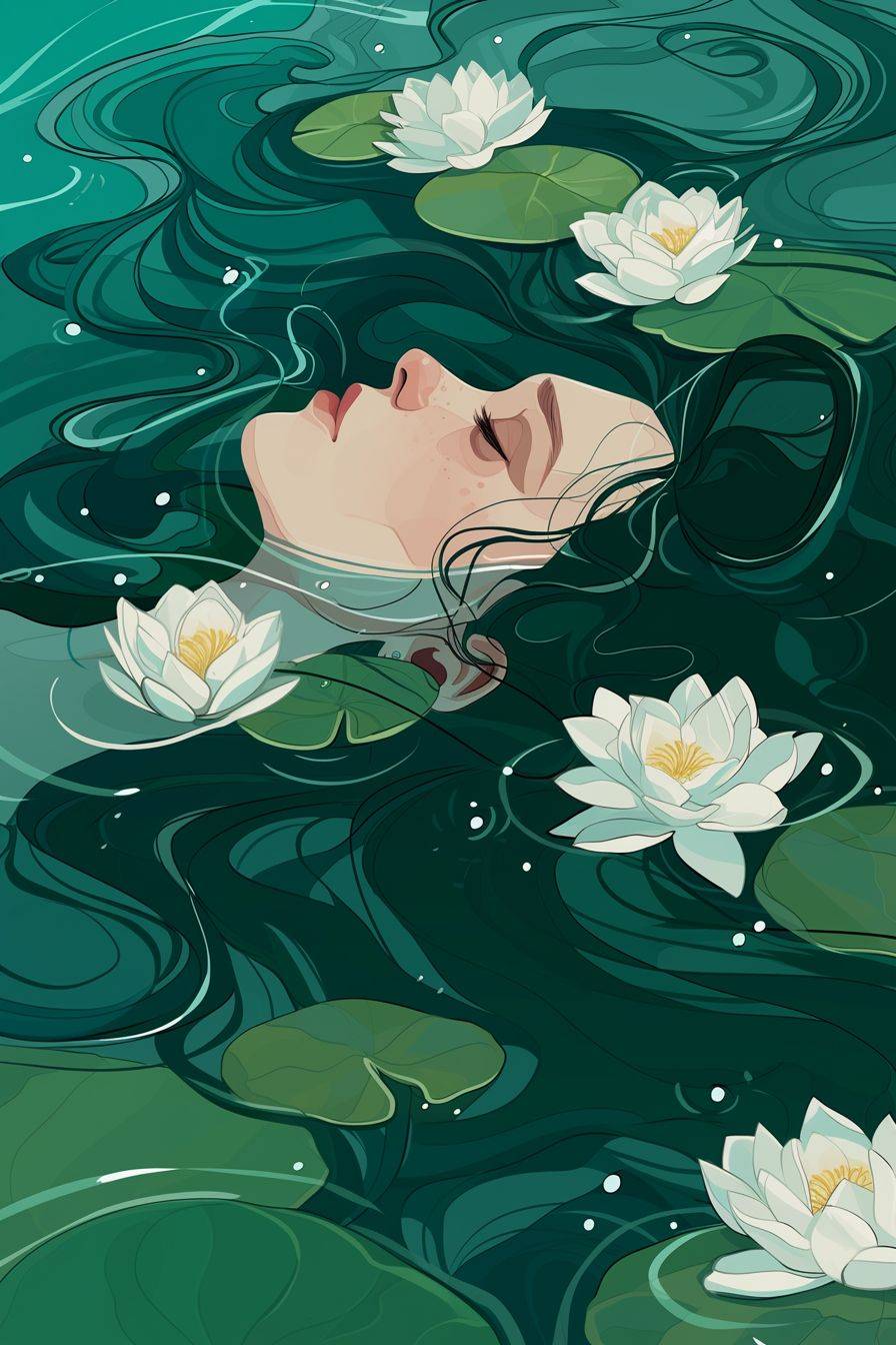 Ophelia sinking in the water among water lilies, in the style of ethereal illustrations, flowing surrealism, calm waters, fluid and flowing lines, futuristic organic, art nouveau curves, sky-blue and green, naturalistic ocean waves