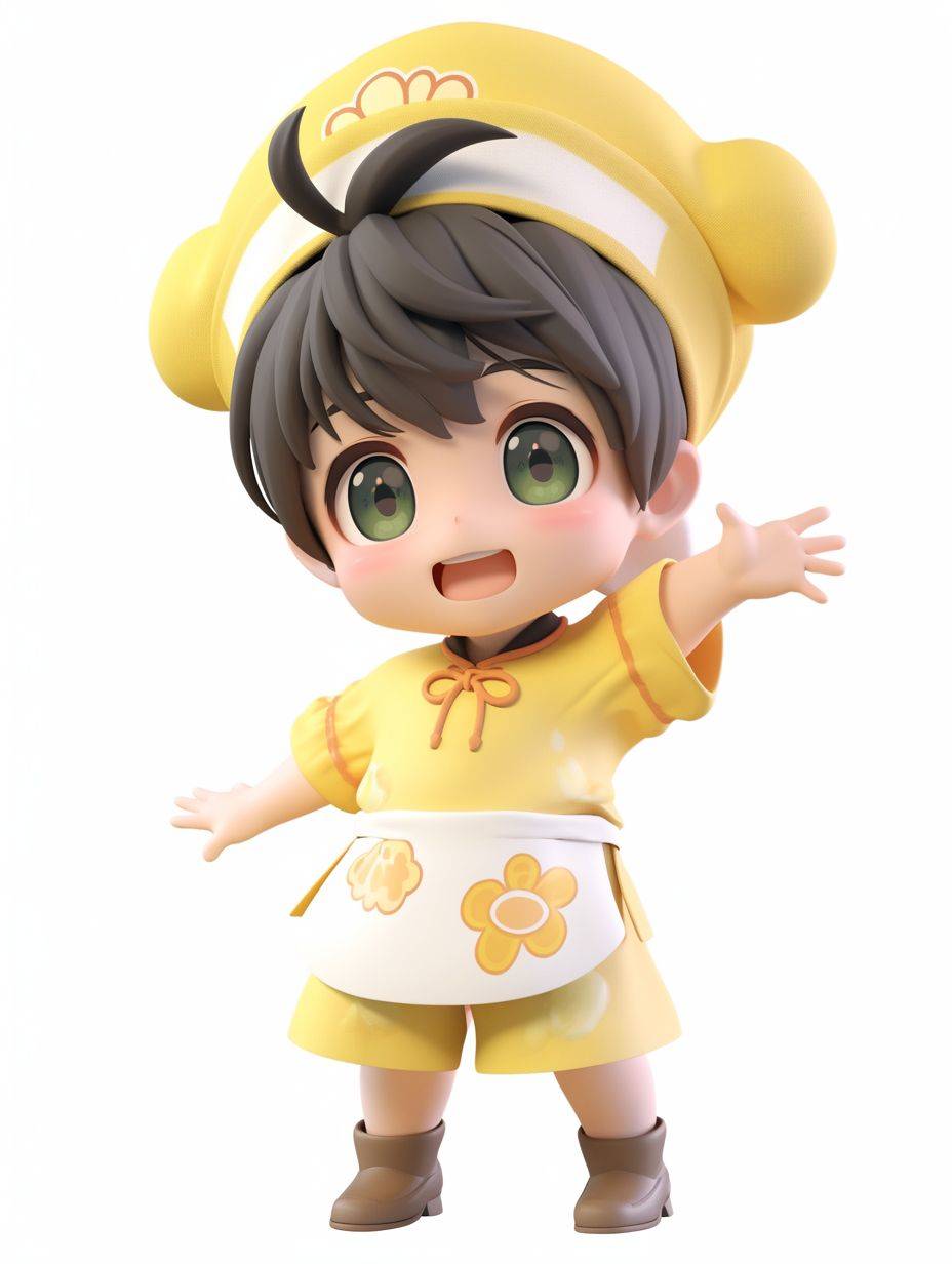A cute 6 year old boy, brown clothes, yellow apron, yellow headband, four kinds of but tong, blind box style, looking at camera, pop market, octagonal rendering, super detailed edge lighting, chibi, black hair, C4D, shading, best quality, 16k, hd, white background