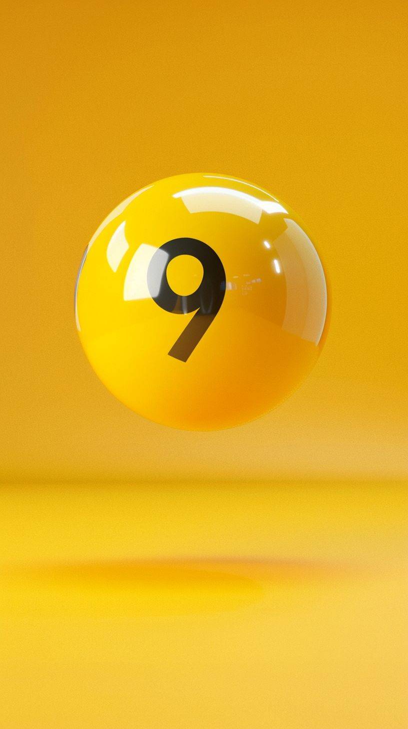 3Dの9番イエロービリヤードボールが浮かんでおり、高い金属の台の上にあり、黄色の背景です--スタイルは生--アスペクト比9:16