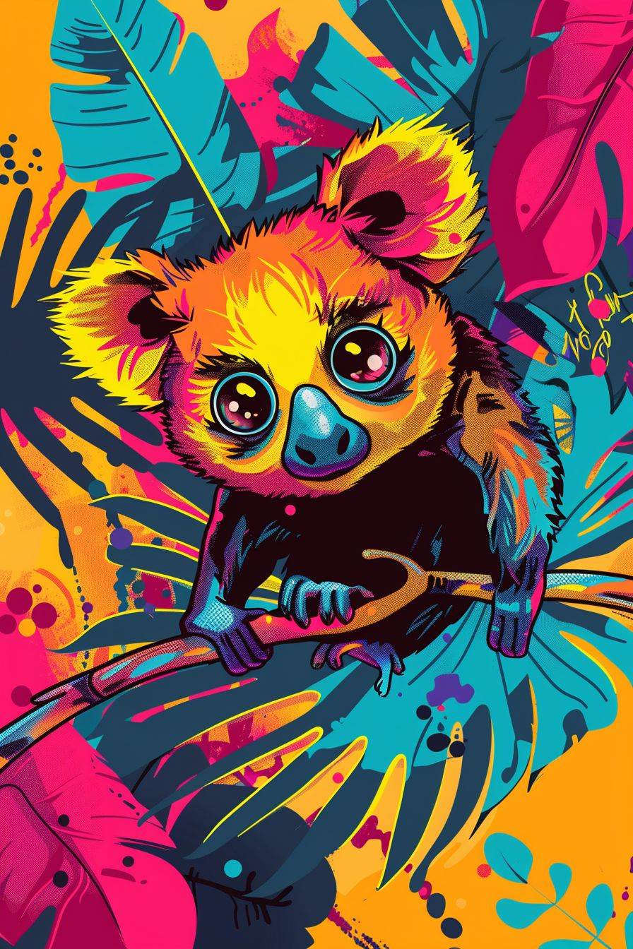 A modern and refreshing pop art vector illustration. Elements to include are a joyful cute cartoon Phascolarctos cinereus (koala), graffiti, leaves, vibrant colors.