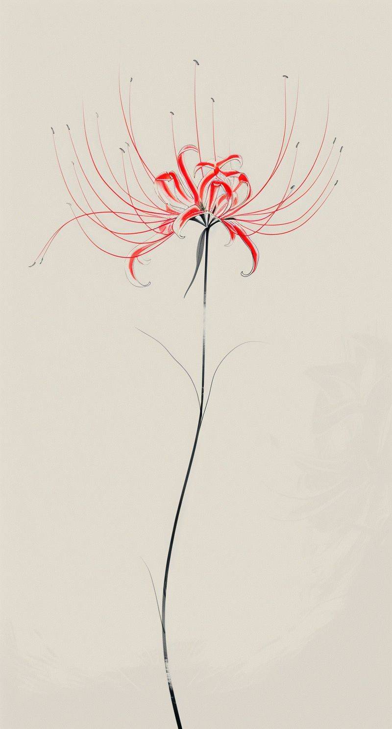 A simple drawing of an abstract spider lily flower with a long stem, done in red ink on a grey background with thin lines in the elegant calligraphic style of a simple design that uses negative space on a white background in a minimalistic style.