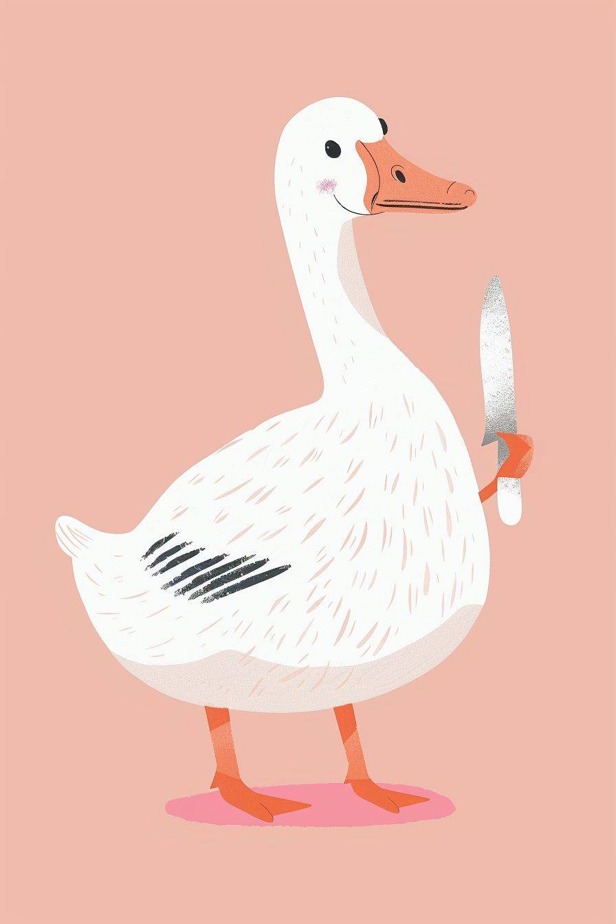 A cute goose that is holding a little knife, naturecore, flat and bold, in the style of boho, light colours, cute illustration