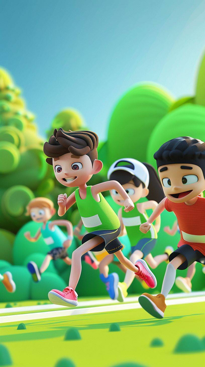 カートゥーンキャラクターがレースに参加。男の子、女の子が走っています。マラソンレース、かわいいカートゥーンデザインスタイル、緑の背景、素敵なビジュアル効果、ソフトな彫刻、ウェブカメラ、鮮やかな色彩、大胆な形状、瞬間を捉える