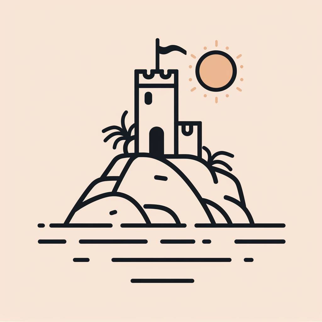 Create a single, extremely simple and minimalistic logo for rent-lloret.com, offering apartment rentals in Lloret de Mar. An old castle sits on top of the ocean in Lloret de Mar. The design should be neutral and monochromatic, reflecting a minimalistic approach with a professional and trustworthy image suitable for the real estate market. Emphasize the concept with a single color, possibly through an abstract representation of waves or the sun, to suggest the coastal location while maintaining simplicity and universality.