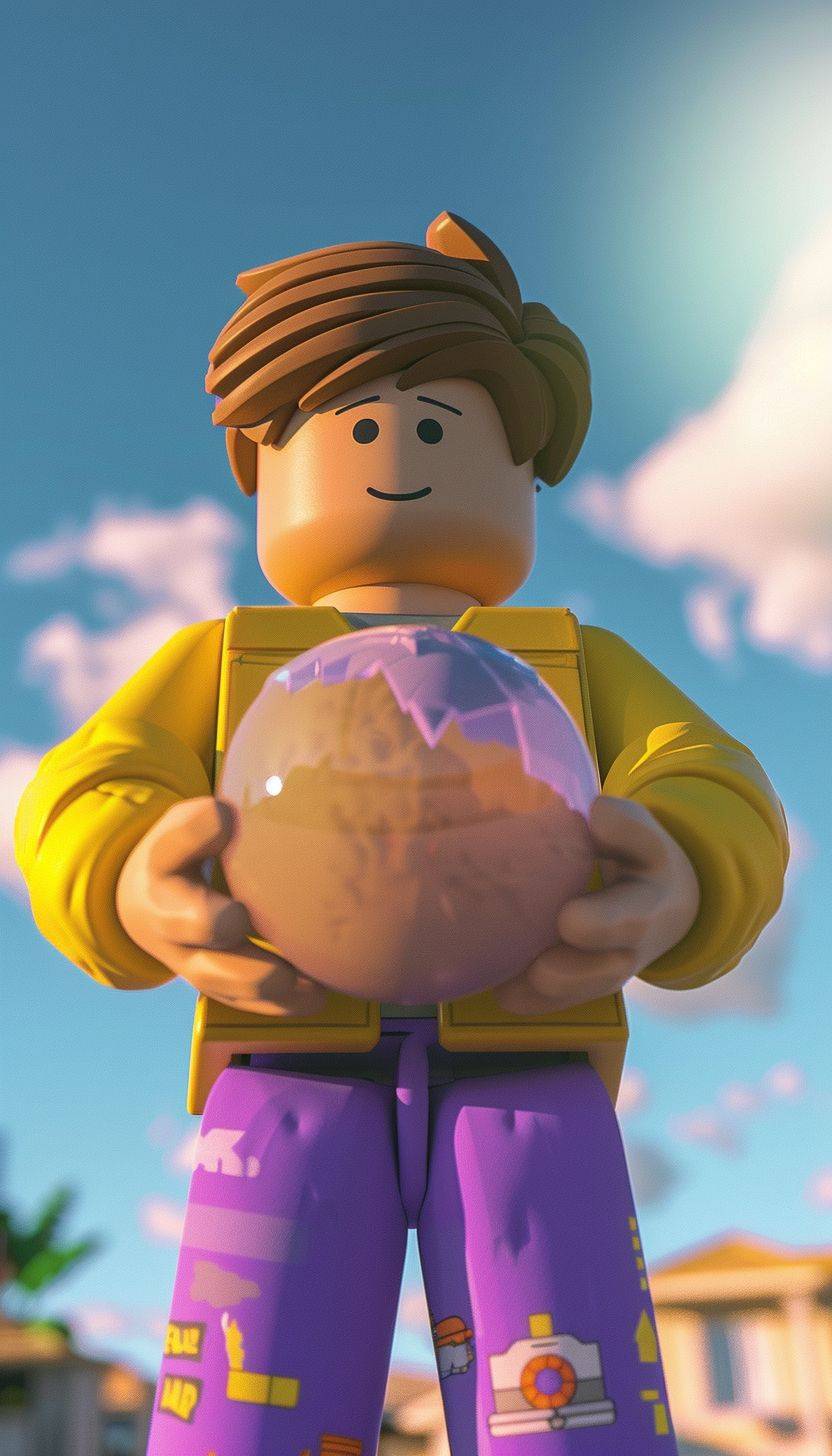 Roblox character holding a giant round sphere in his hands, in the style of surreal animation, pale yellow and purple, make it look friendly and playful