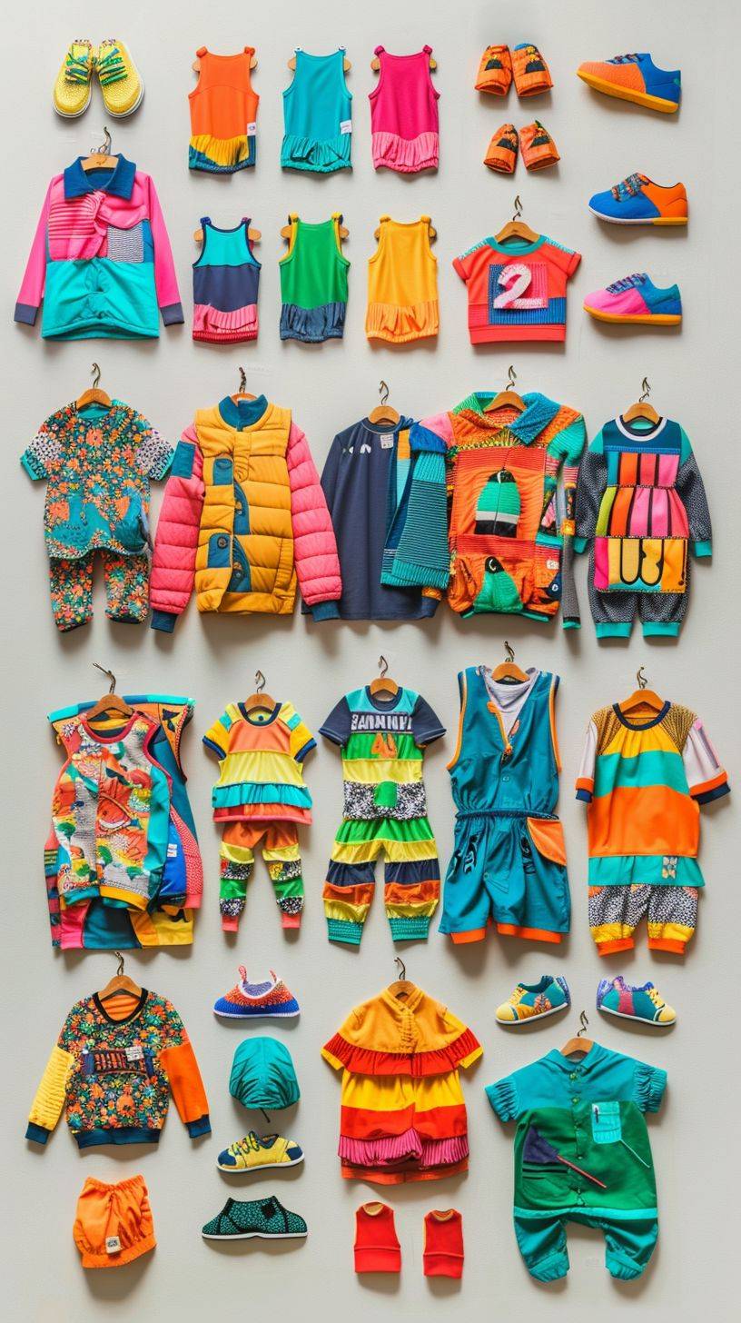 A top-down view of clothing and accessories for a lifestyle brand for urban kids ages 4-10 years old. It should have bright colors and fun patterns.