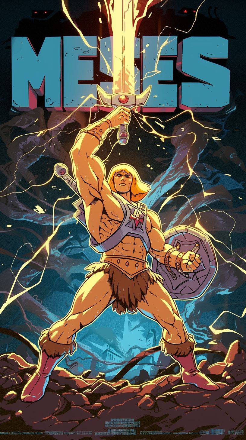 ヘ・マンが剣を振るポスターで、大文字の「HE-MAN」のテキストが、アクション満載の漫画風で、エネルギッシュで大胆な、大胆なアウトライン、雷のような波、奇抜なエネルギー、濃い琥珀色と空色、1980年から現在まで