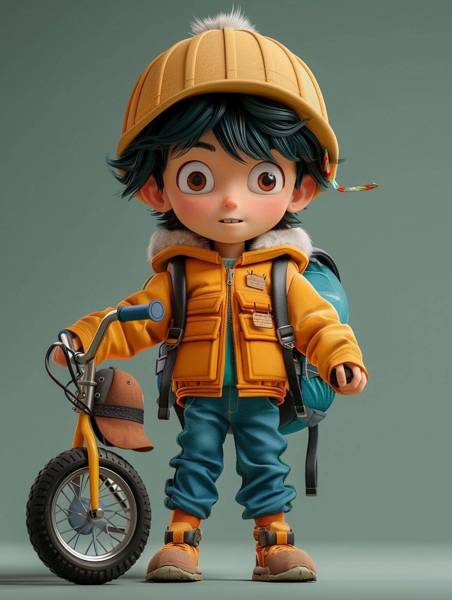 Boy on bike with hat and backpack, full body, happy, black hair, beautiful environment, solid color background, Cinema4d rendering, made of rubber, colorful cartoon, embossed paper, suburban burnout catcher, pop mart, octane Render, Ultra Detail, Best Quality, HD --ar 3:4 --stylize 250