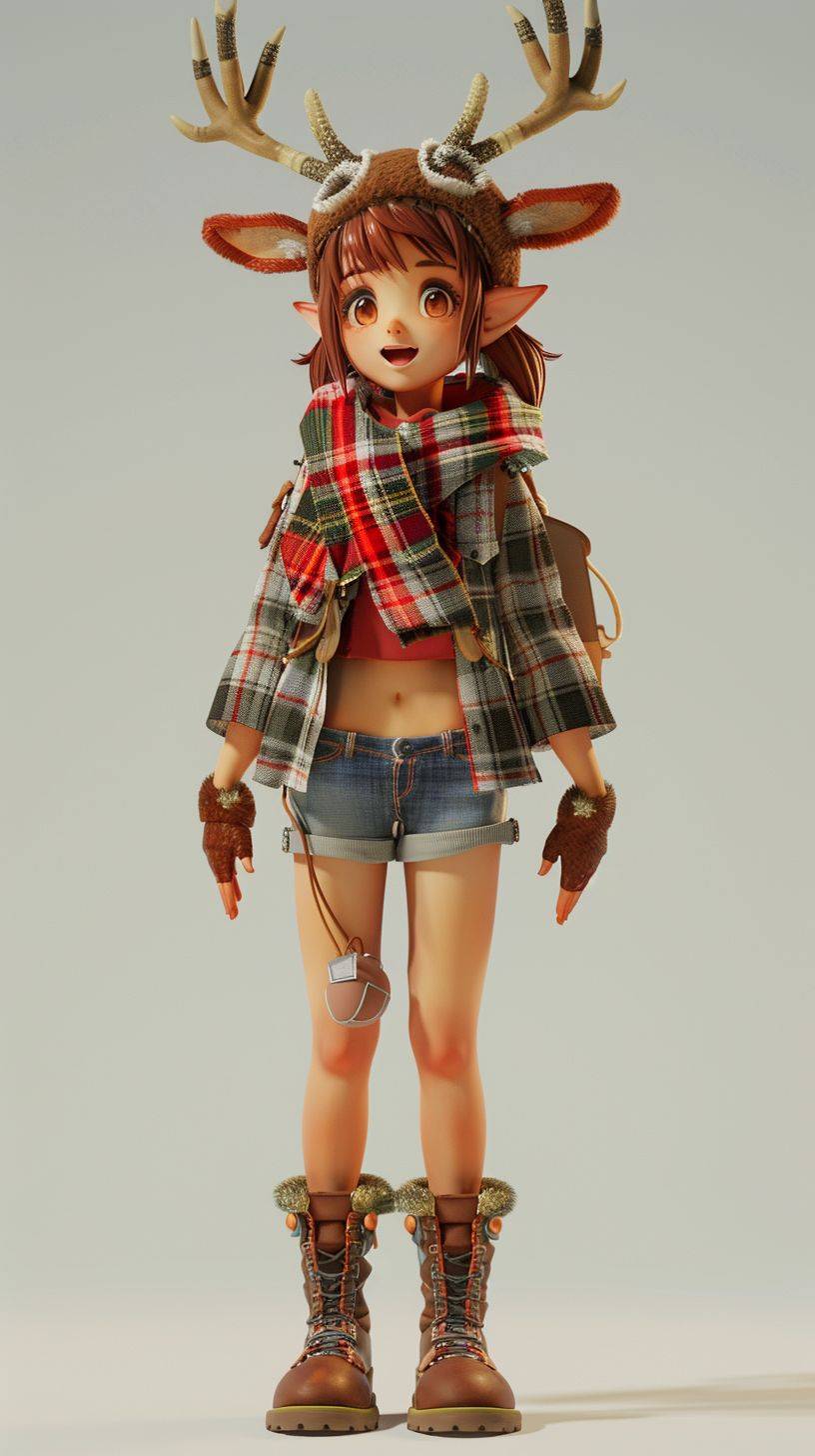 3D rendering, full body shot of anime girl with deer antlers and plaid shirt, shorts boots, scarf, character design in the style of Kienan Lafferty, Pixar style