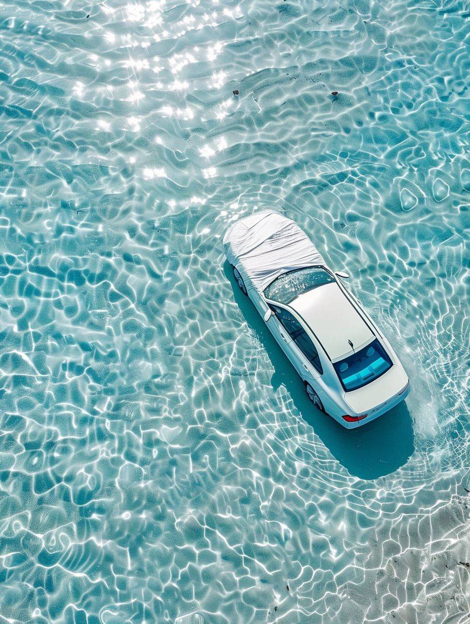 透き通った海、青い水、水面に敷かれた白い薄い毛布の上に車が浮かんでいます