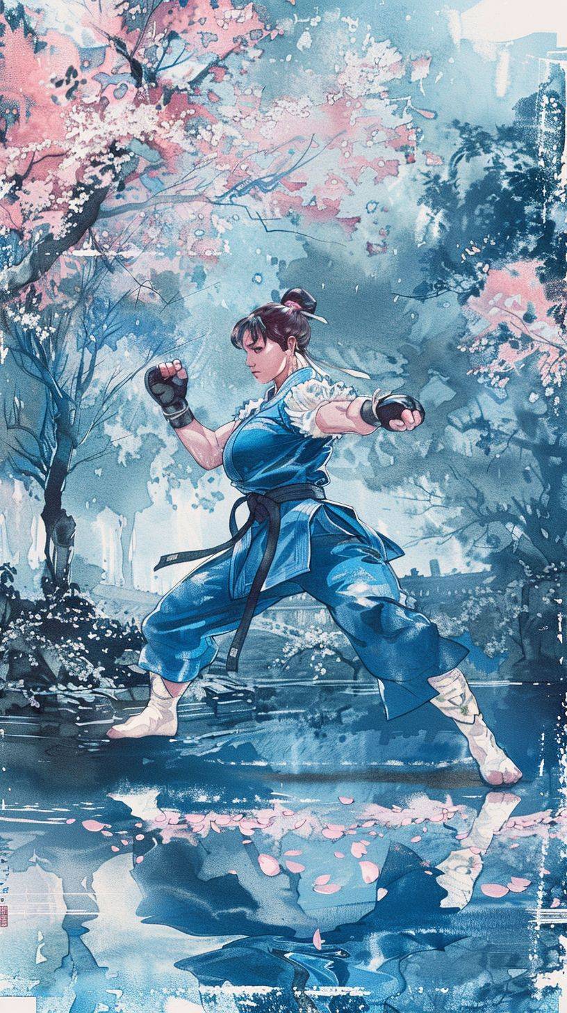 Chun-Li from Street Fighter, performing a gentle martial arts pose, standing by the side of a serene pond in a Japanese garden. Watercolor and ink wash style, detailed illustration, vintage postcard, sapphire blue and cherry blossom pink color palette --ar 9:16