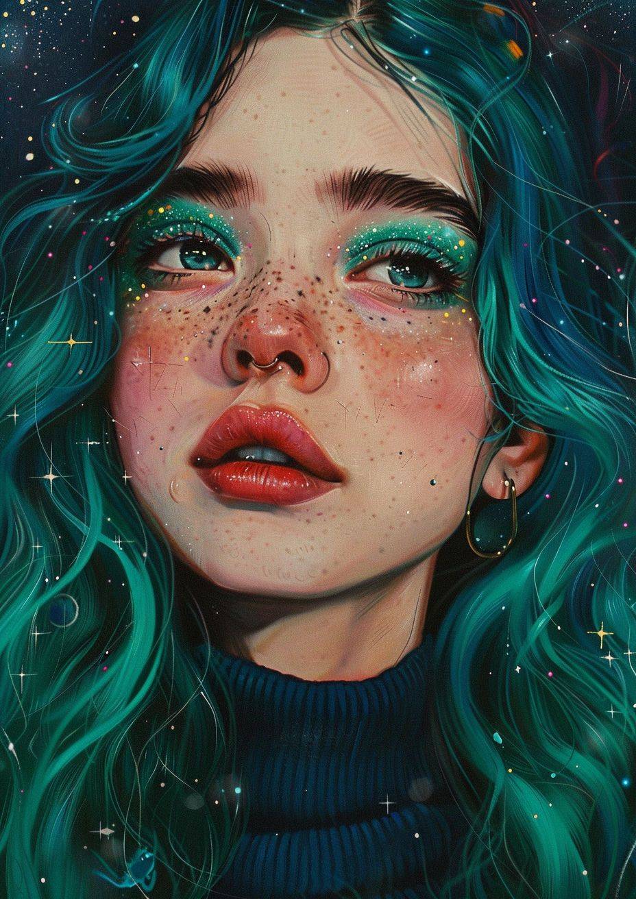 Languor oil painting, marble planet, fashion designer, Korean woman with wearing sparkly pop kirakira moon, green hair right. Quirky cartoon art style, line drawings, intense colors, pop style lines, rich details, doll core, dark blue and light blue --ar 5:7