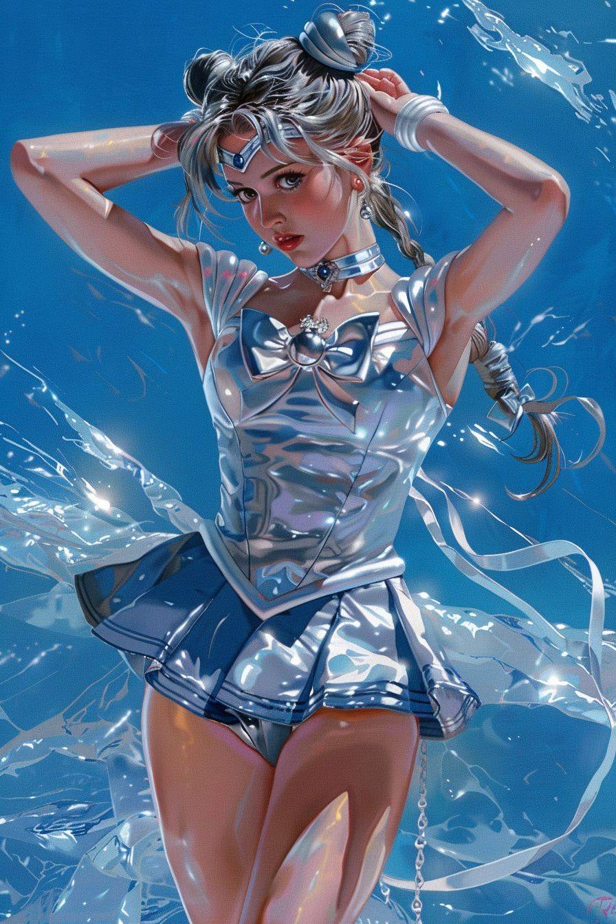 Sailor Moon, by Hajime Sorayama, chrome set with silver and chrome accents highlighted on a vibrant blue background --ar 2:3