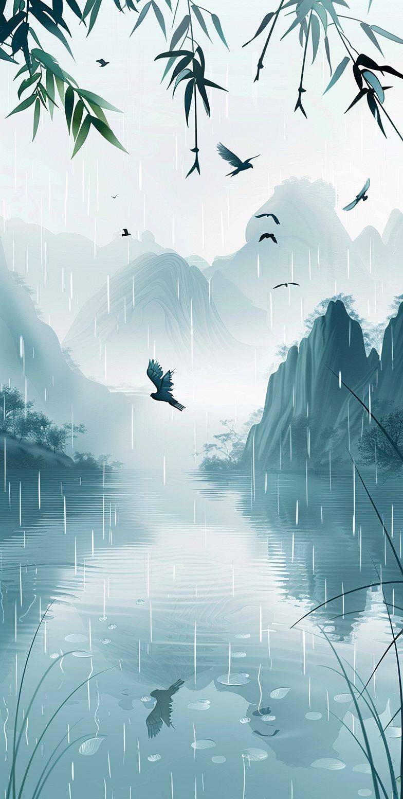 中国宋代風の山水の背景、青緑色のグラデーション、水面に軽い雨と霧、空中を飛ぶつばめ、そこから垂れ下がる竹の葉、繊細な筆触、伝統的な中国の絵画スタイル、ポスターデザイン、中国の風景イラスト、フラットイラスト、ベクターグラフィック、ベクターイラスト、ミニマリズム、高精細、高解像度、高詳細