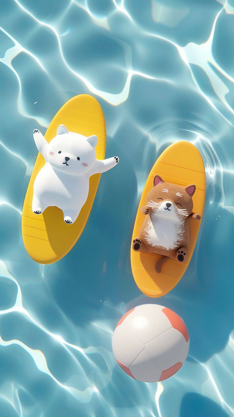 Cute cartoon style mobile phone wallpaper, top view of white bear in pool and brown fat cat on yellow surf boards in the swimming pool playing with one big round ball, the water is clear and blue, cute, simple design, background in 3d render style. The background color is light blue