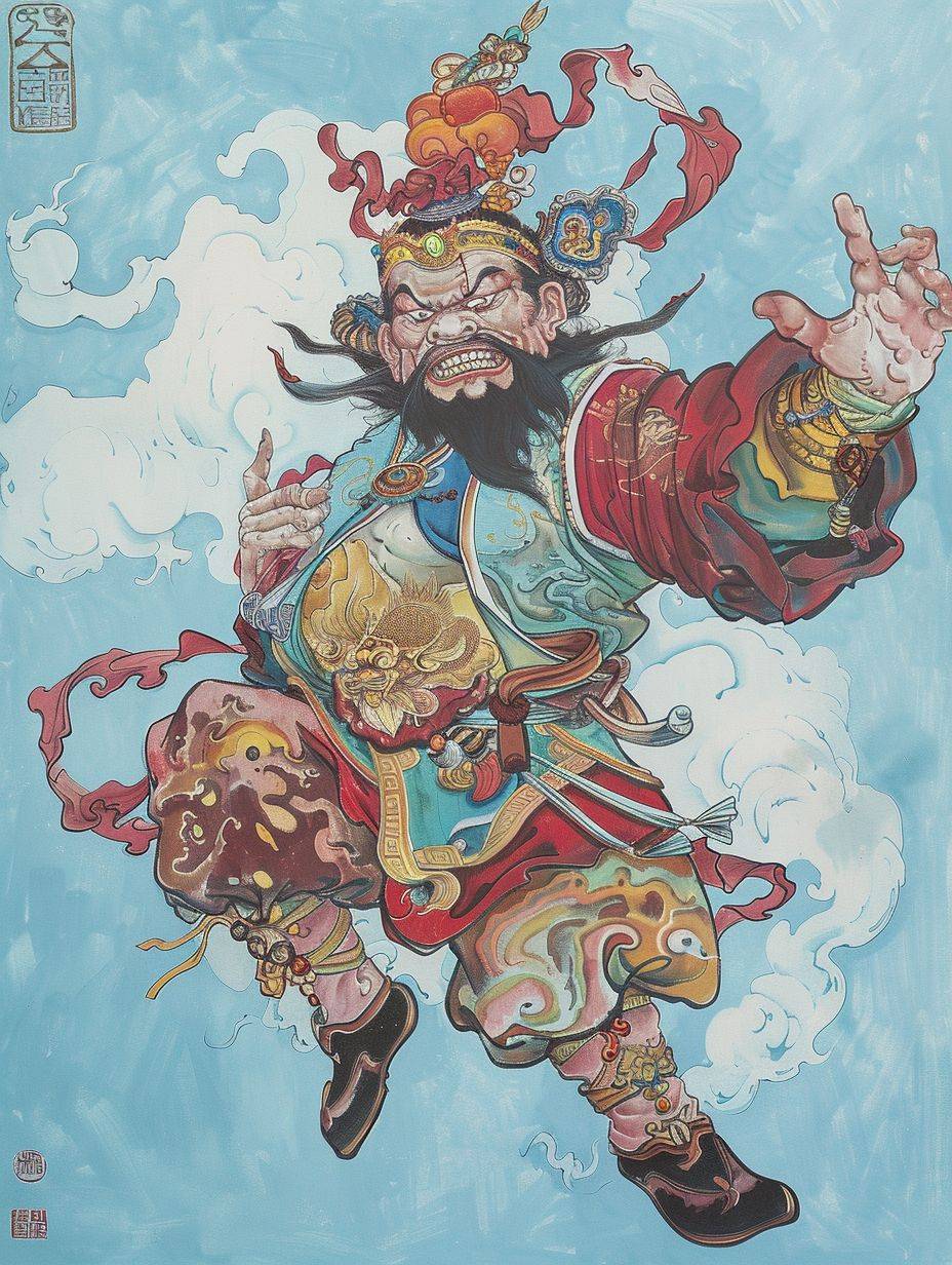 The comic exaggeratedly depicts Zhang Fei, a Chinese mythological character with a mischievous expression, emphasizing humor and eccentricity. Light blue background, jumping movements, Huang Yongyu's painting method, using comic-like elements and playful exaggeration to emphasize the humor of the subject's appearance.