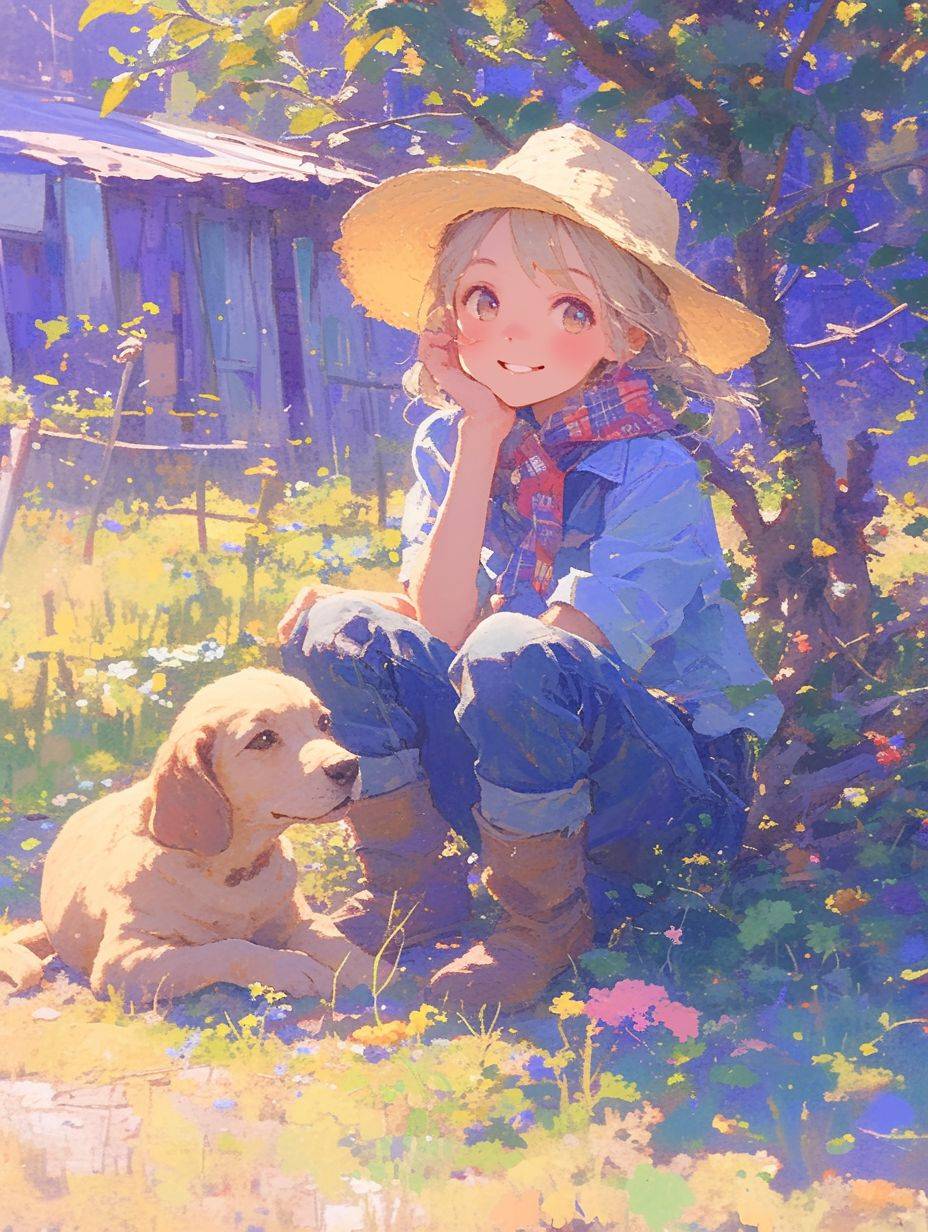 庭に座っている可愛い女の子が、犬と一緒にいて、愉快な表情、全身、木々、日光、青い空、白い雲、カラフルな屋外シーン、最高品質、超詳細です