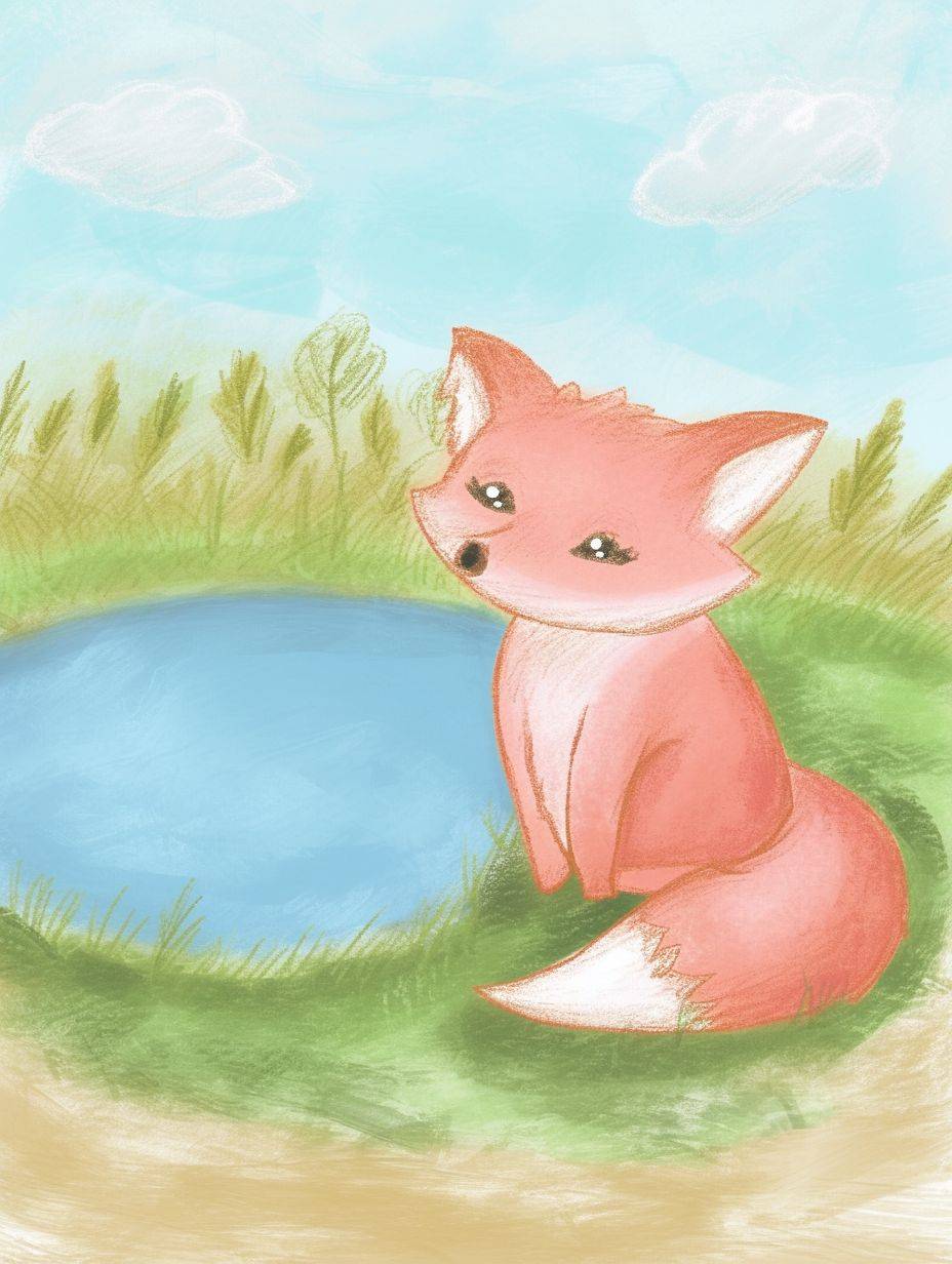 A cute pink fox with white eyebrows and tail sits on the grass in front of an empty pond. It is a colored pencil illustration in the style of a children's book with pastel colors and simple lines.