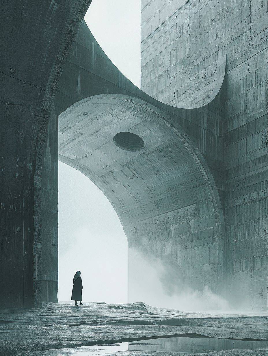 A person walks through an open space that looks like space, in the style of futurist elements, atmospheric landscape, dystopian atmospheres, trapped emotions depicted, silence, futuristic architecture, epic portraiture, in the style of Denis Villeneuve, raw style, aspect ratio 3:4, stylized at 250%