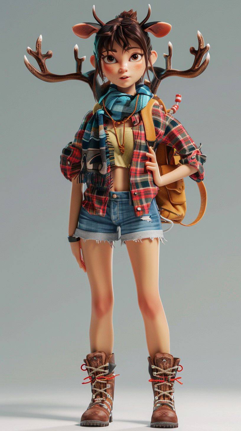 3D rendering, full body shot of anime girl with deer antlers and plaid shirt, shorts boots, scarf, character design in the style of Kienan Lafferty, Pixar style