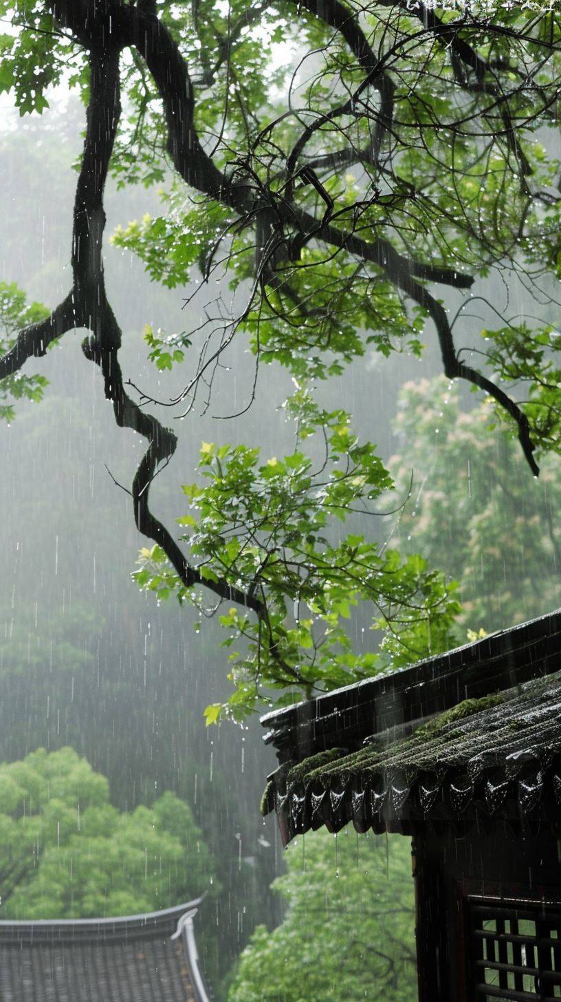 The traditional Chinese festival Qingming Festival features a gentle drizzle on the eaves and lush green trees, creating a pleasant scene.