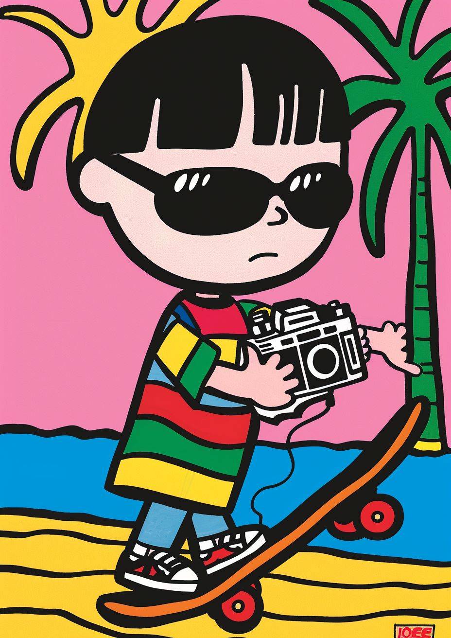 Art by Joan Cornella in Peter Bagge style, a boy with mullet hairstyle playing skateboard with holding a handycam, wearing black artsy sunglasses.