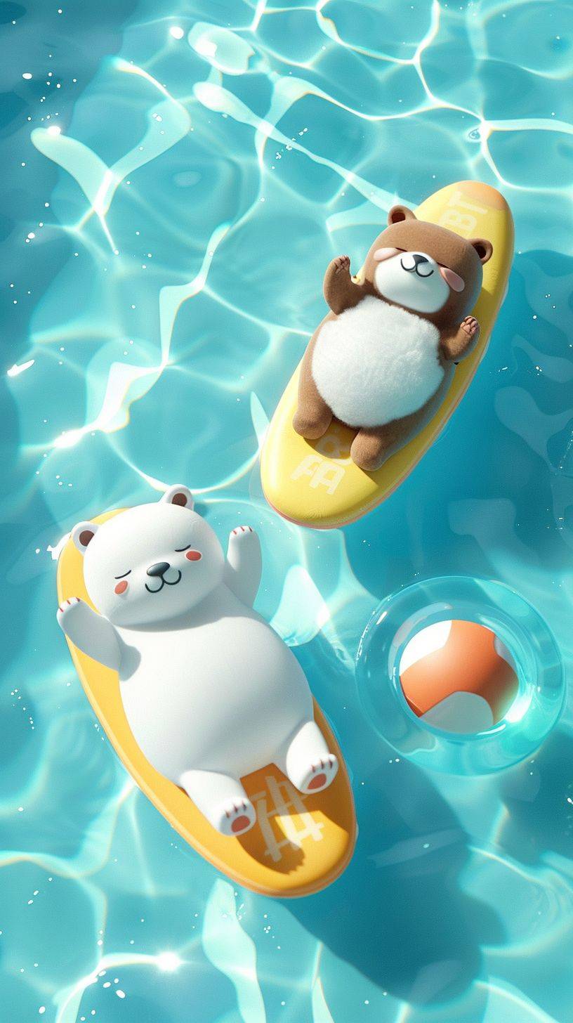 Cute cartoon style mobile phone wallpaper, top view of white bear in pool and brown fat cat on yellow surf boards in the swimming pool playing with one big round ball, the water is clear and blue, cute, simple design, background in 3d render style. The background color is light blue