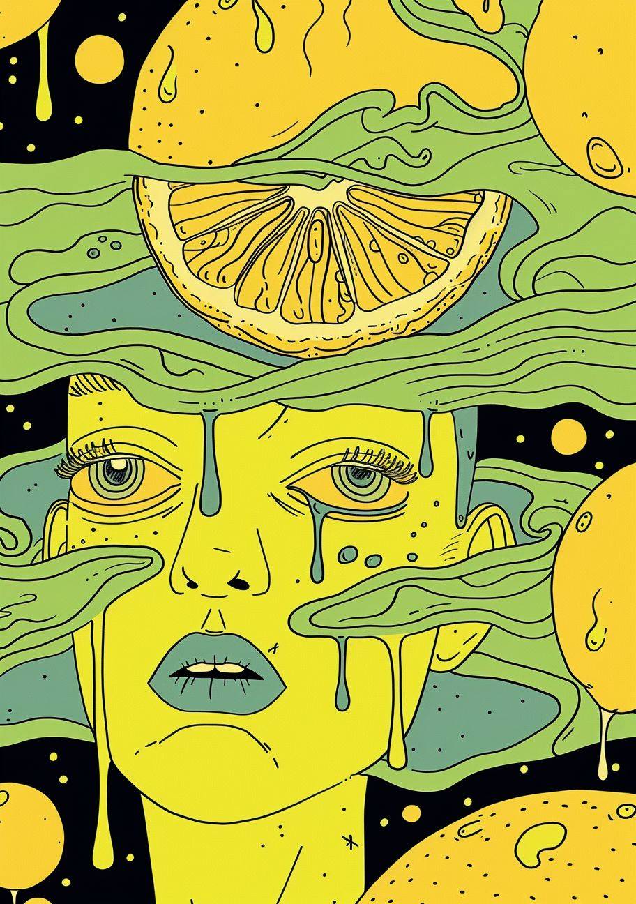 『レモンと太陽でできた世界の中を旅行する者』はマイケル・ディフォージによる作品で、エソテリックで美味しそうな、レモンとライムの色のシンプルなラインイラストです。
