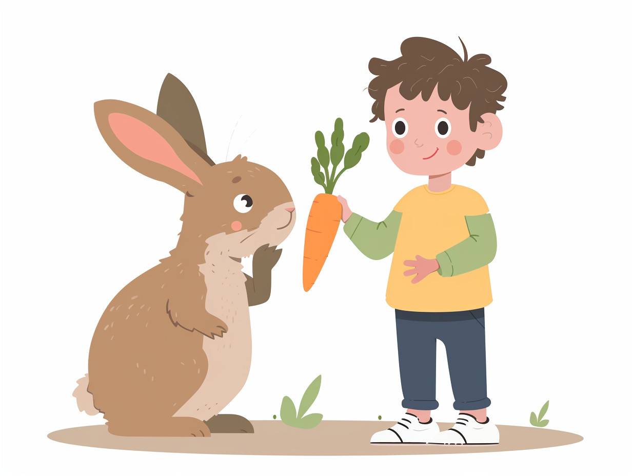 A cute boy stands next to a rabbit eating a carrot, in a Milton Avery style from the 1960s, with flat shapes, against a plain white background.