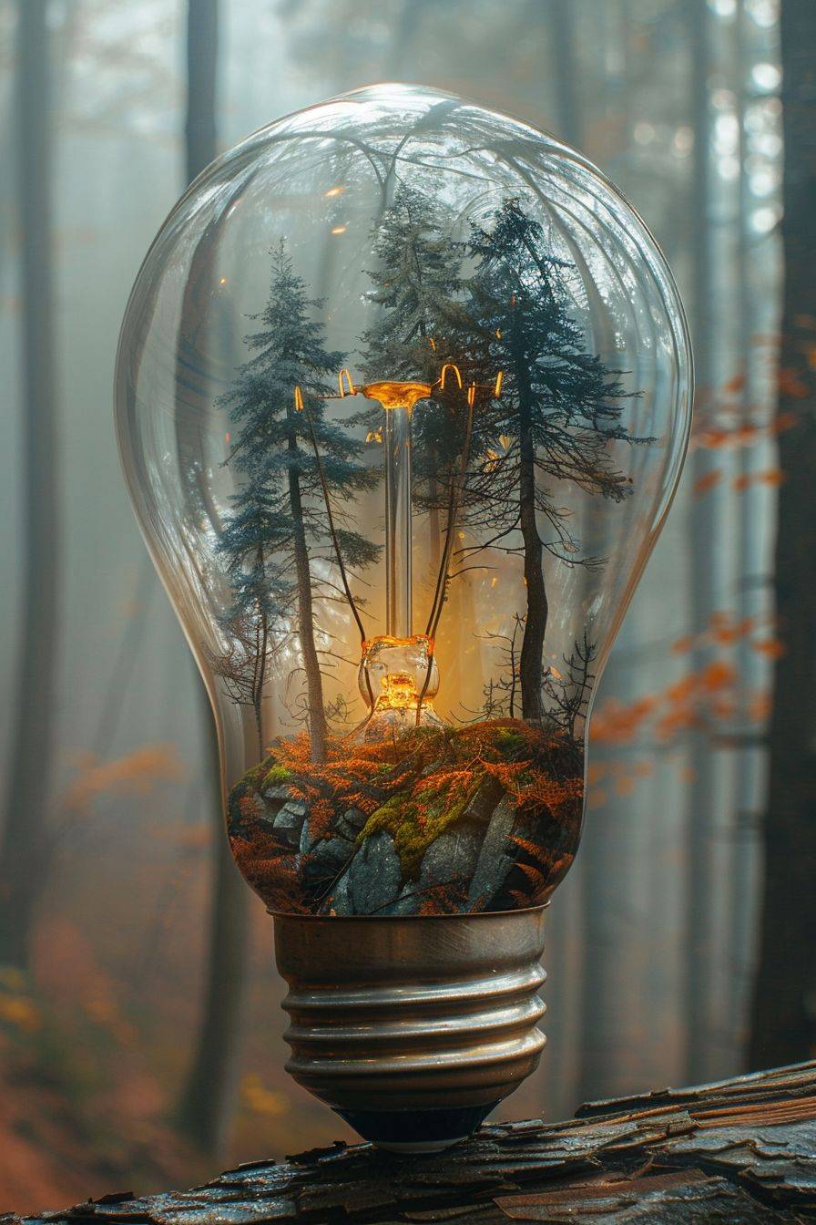Trees in inside a light bulb, nature in the background