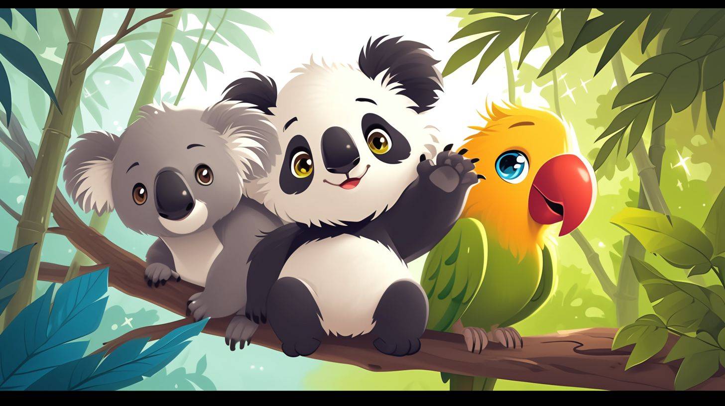 A group of cute animals [a panda bear, koala and parrot], stand together in the forest. The illustration is in the style of a children's style, cartoon style, with a full body portrait and closeup. It has a simple background with high-definition details and bright, warm colors. The eyes are friendly and the expressions are lively.