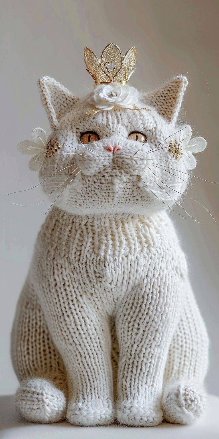 白い背景に、頭にかわいい王冠を被った白い編み猫