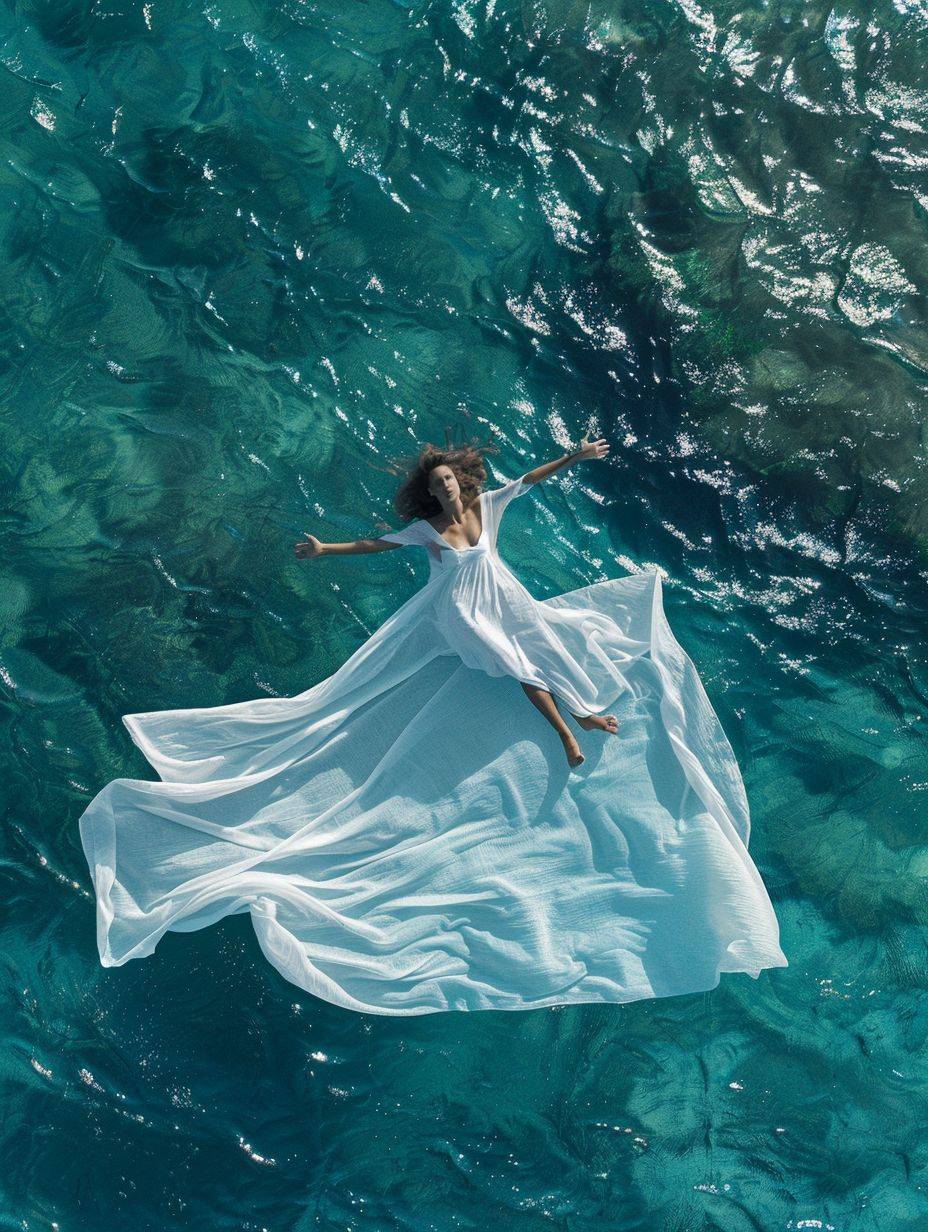 Top view, blue ocean, cute girl placed at the center on a white thin sheet cloth laid on the clear water, floating, volumetric lighting, shadows, depth of field.