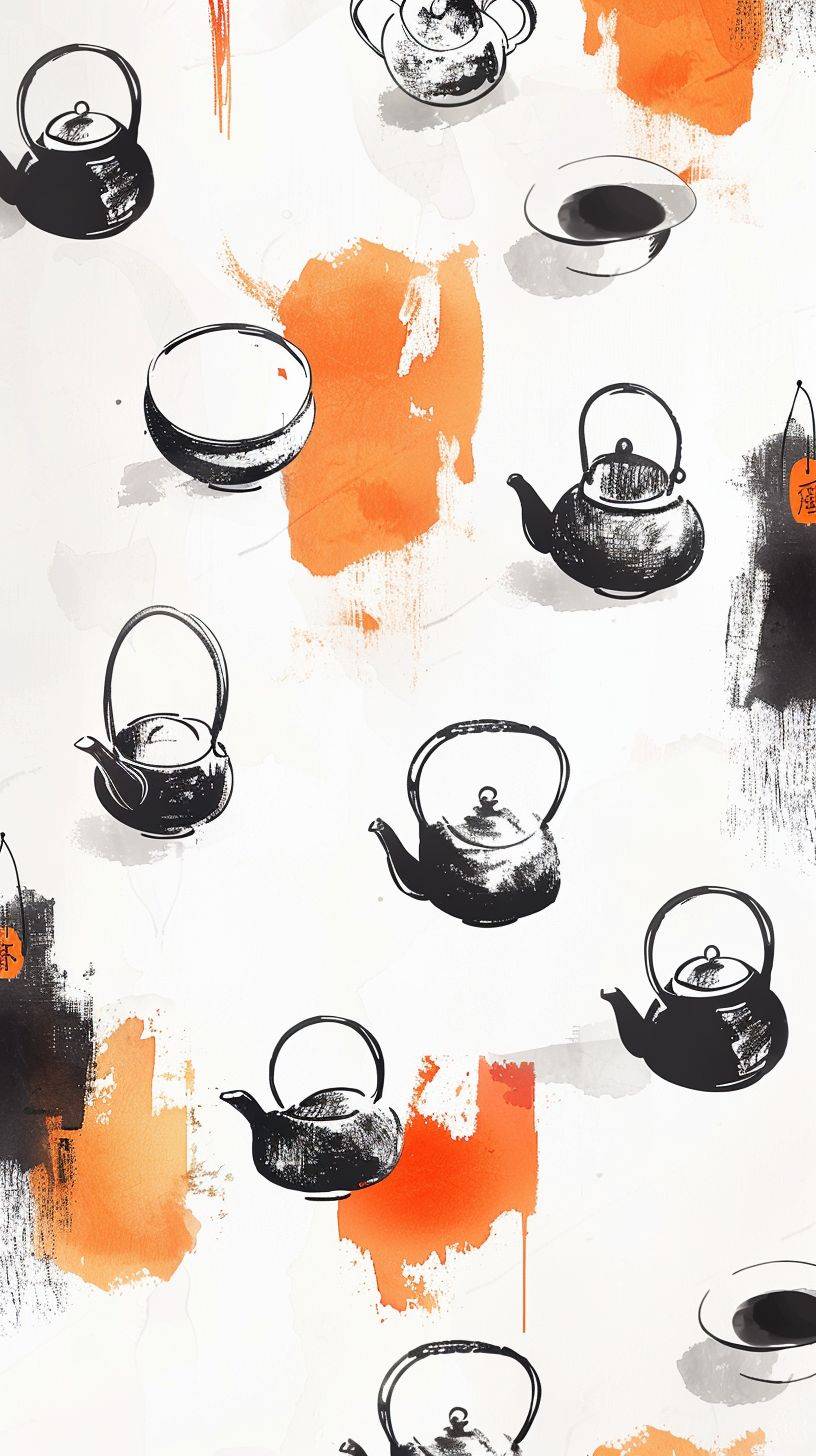 中国の茶碗ややかん、装飾的な容器、シンプルなスタイル、白い背景、田舎の生活を描いた、カートゥーン風の中国の墨絵、黒い線とオレンジの装飾