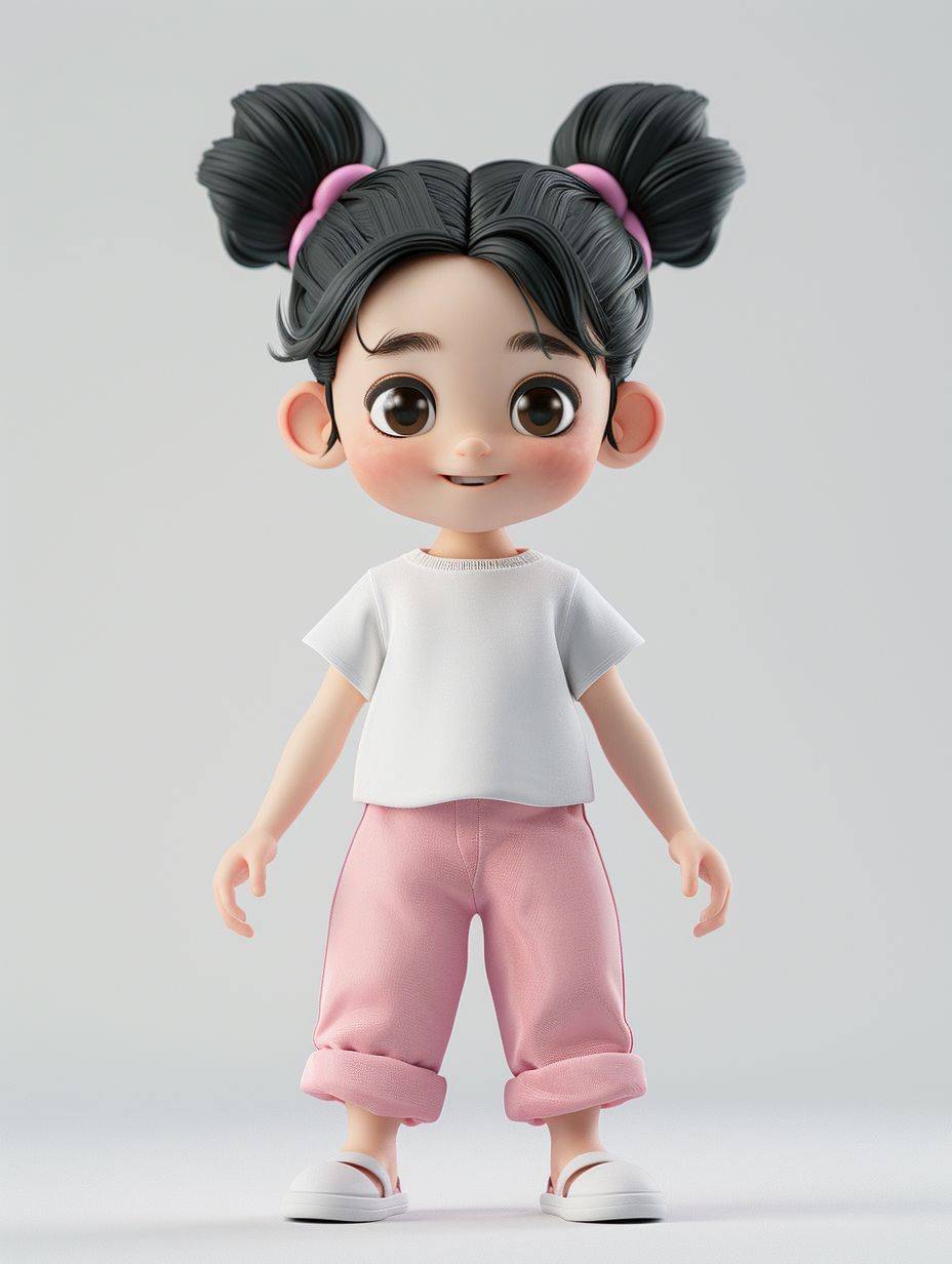 A very cute Chinese girl, wearing a white T-shirt and pink pants, showing traditional Chinese beauty and Bubble Mart style. Minimalist style. Hyper quality, 3D rendering, oc rendering, best quality, 8K, bright, front lighting, face shot, fine luster, wearing mockup blind box toy disney style.