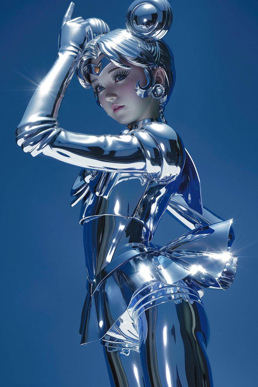 Sailor Moon, by Hajime Sorayama, chrome set with silver and chrome accents highlighted on a vibrant blue background --ar 2:3