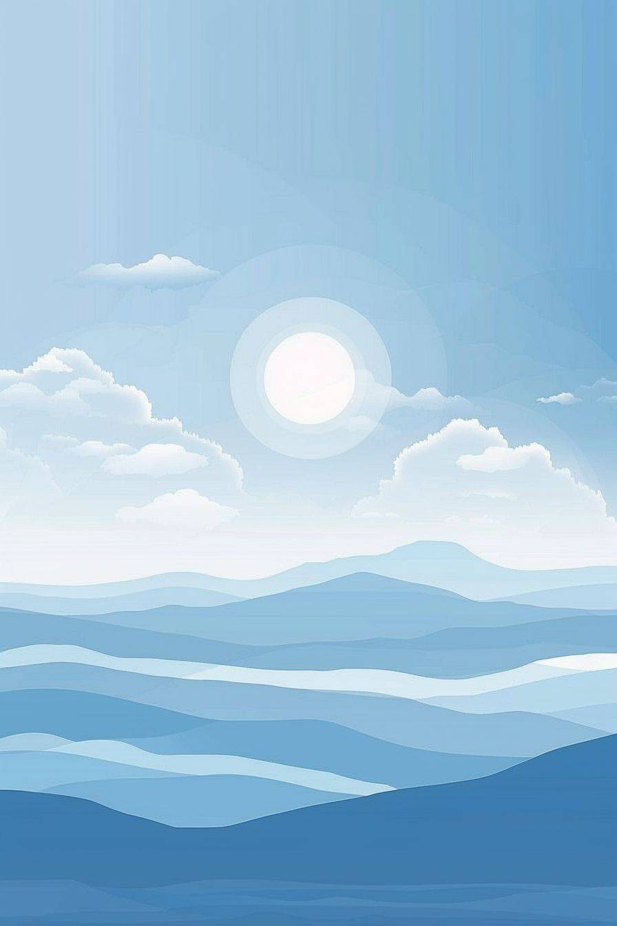 ミニマリストのベクトルグラフィックアートスタイル。空にはアズールブルーの空、太陽、雲が描かれています。