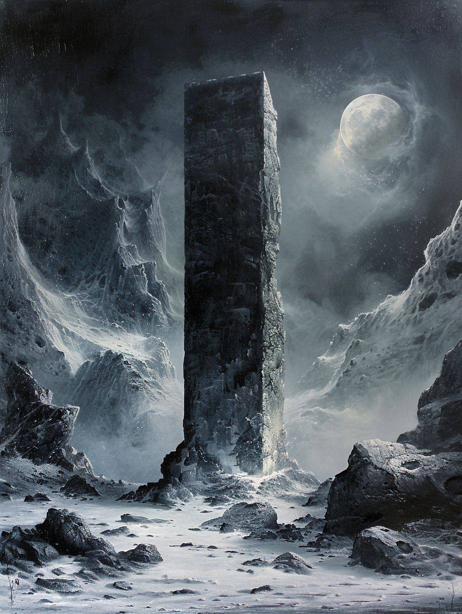 The mysterious monolith in 'Lunar Luminescence', with icy azure cool moonlight delicately tracing their features, enhancing the serenity and stillness of the scene.