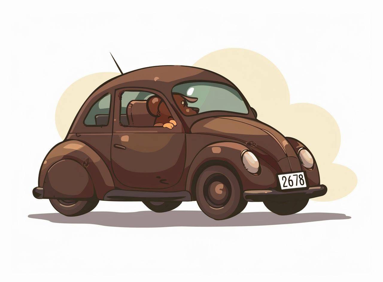 A brown cave car with the number plate "2678" on it, and inside is an anthropomorphic chocolate chip dog driving the vehicle. The background color of the cartoon vector illustrations should be white, with simple lines, in a flat style, cute, and minimalist.