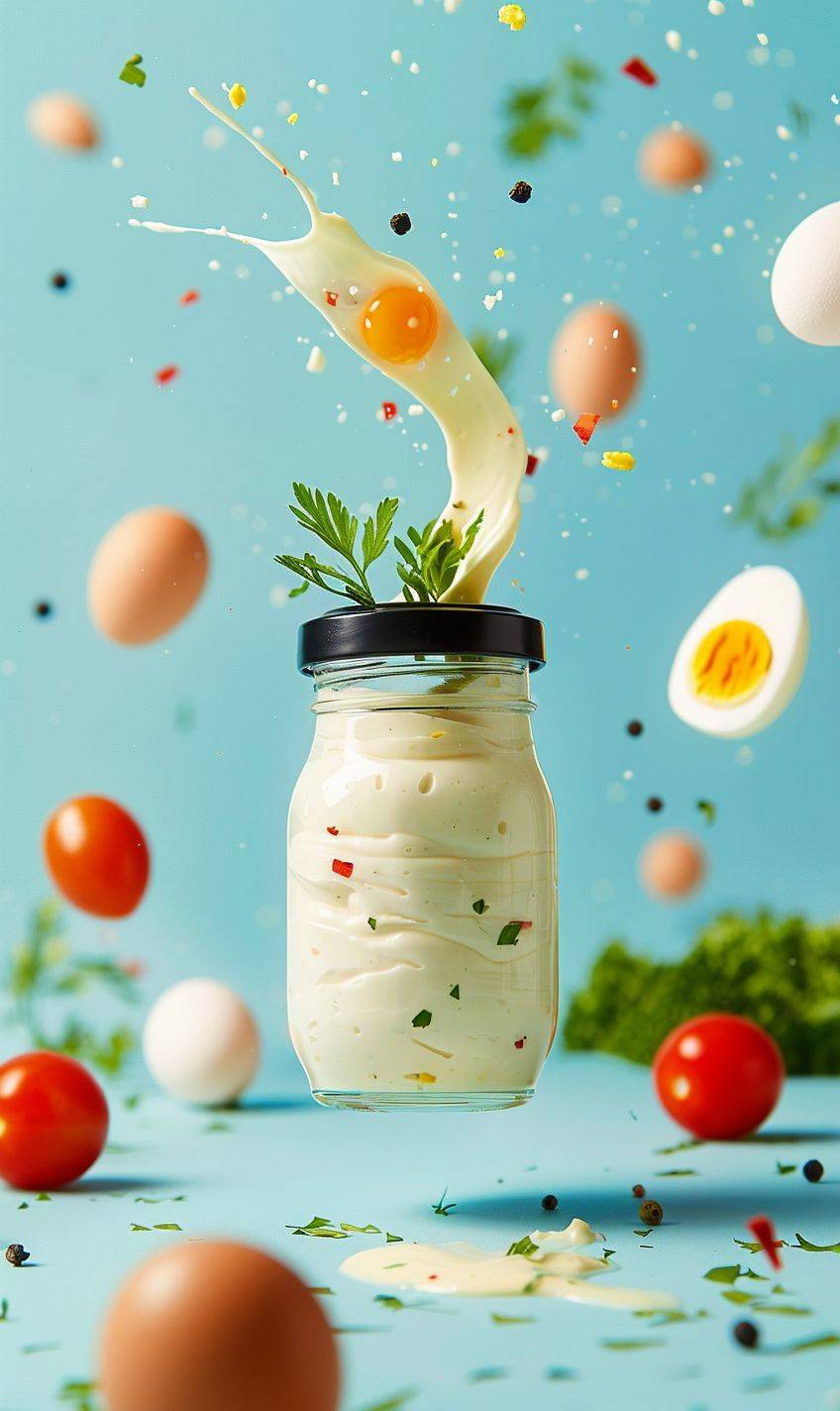 Large glass jar with mayonnaise with a black lid in flight. blue background. Eggs and vegetables are flying around. Realistic photo. Soft light. Studio light.
