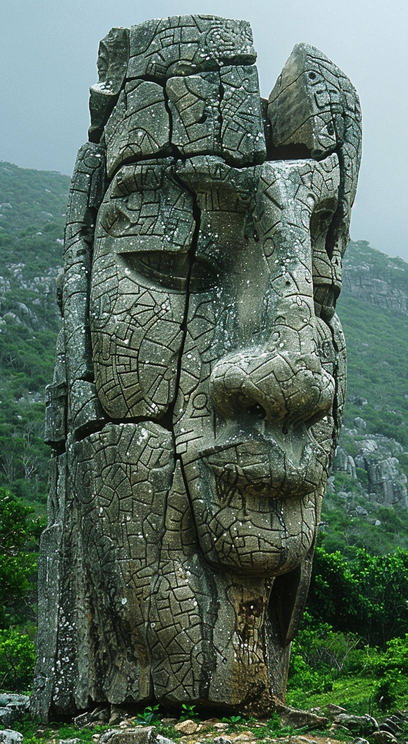 Greek style sculpture, East African King's Head on the side of the mountain, close up, lush safari scenery around.