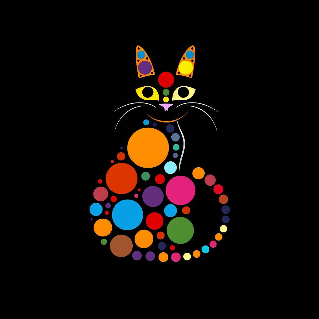 Sophisticated logo for a cat arranged with large equal sized, big colorful dots, executed by a professional. Set against a black canvas, the design features bold, bright, harmonious color scheme, adding a playful yet refined texture, combines the spirit of creativity with the precision and elegance of professional design, making it both visually striking and endearingly imaginative.