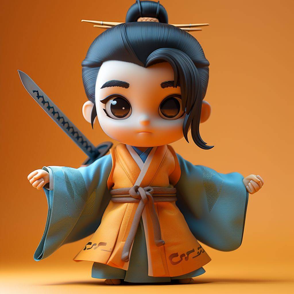 A charming cartoon character depicted as a swordsman, dressed in traditional Chinese attire, is performing a sword-drawing action while looking down. This character features beautiful eyes and a smiling expression, set against a solid color background. The illustration should capture the full body of the character from a three-quarter side view, rendered in a 3D style reminiscent of works created in Unreal Engine 5, Cinema 4D, or Blender. The focus is on showcasing intricate details of the ancient Chinese costume and the dynamic pose of the swordsman, blending traditional elements with a modern 3D artistic approach. --stylize 750