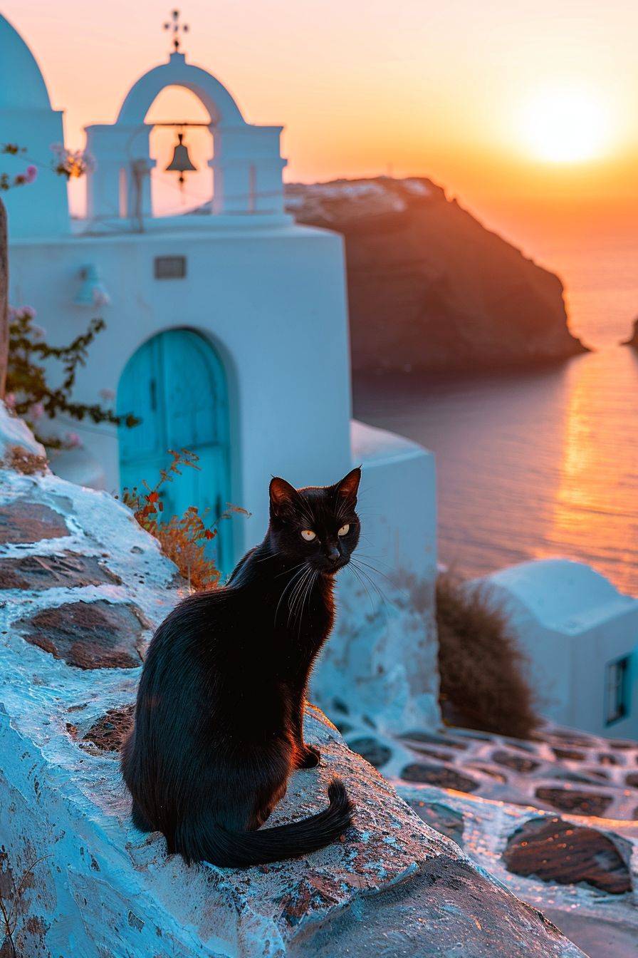 a black cat in front of a Santorini church. sea view. soft sunset light.