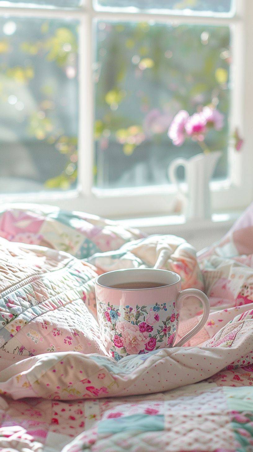Placing a camera on a pastel-toned patchwork bed. There is a steaming pink teacup on the bed and an old-fashioned camera. Create a shabby atmosphere. There is a white window with morning light next to it. The environment is very bright and delicate, with some flare and backlight effects. Photo taken with a Canon R5 and a 50mm f/2 lens --ar 9:16