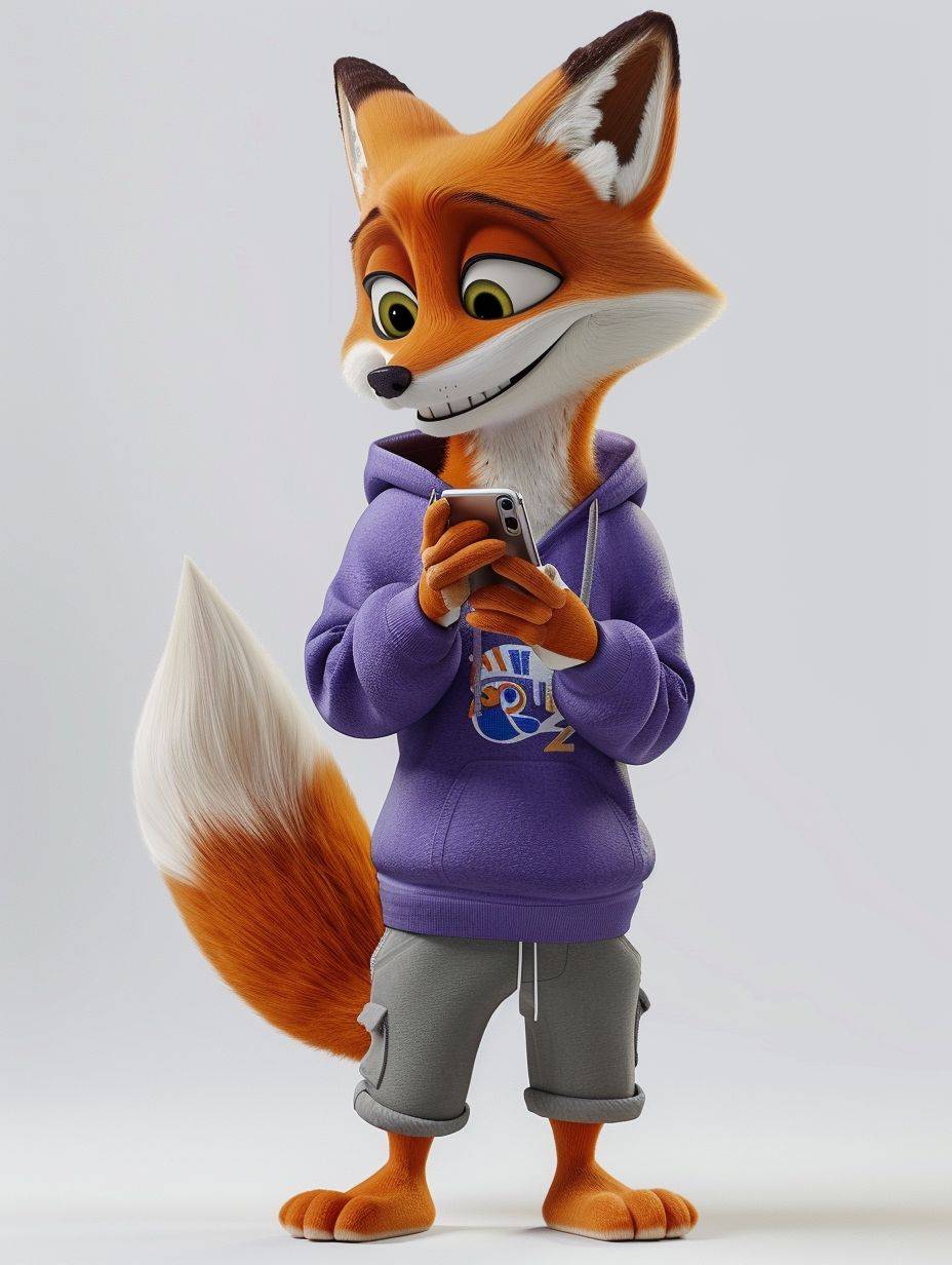 3D render of a young fox in Pixar style, smiling and wearing a purple sweatshirt, holding a smartphone, simple texture and forms, side shot, white background, Pixar style movie --ar 3:4 --stylize 150