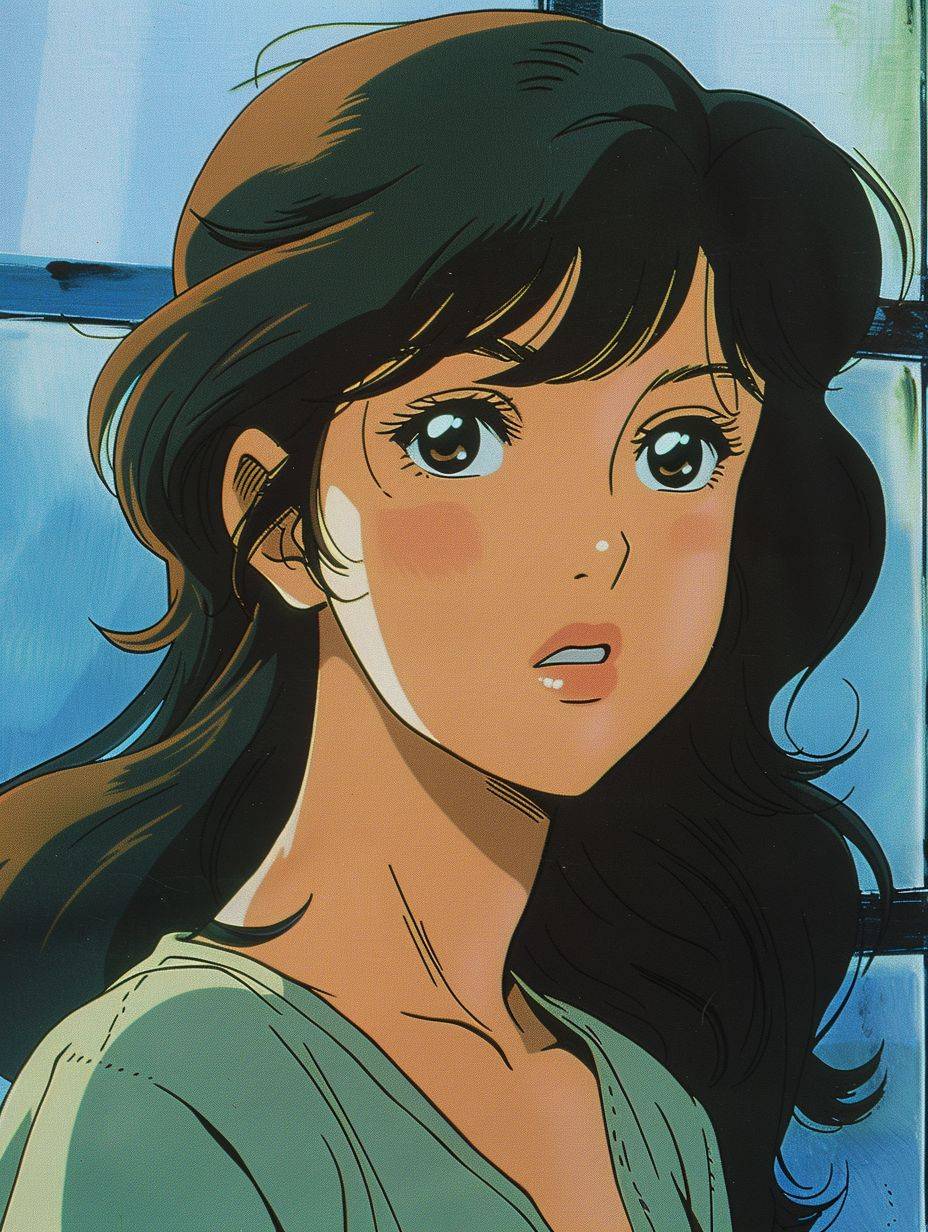 DVD still screengrab from early 2000 anime series of a woman anime character in the style of 80’s anime, woman with a brunette hair, blue background, soft girl aesthetic, in the style of Hayao Miyazaki, nostalgic lofi retro anime, portrait shot --ar 3:4.